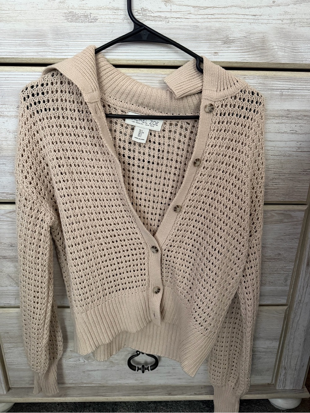 Rachel Zoe Open-Knit Button Cardigan in Beige